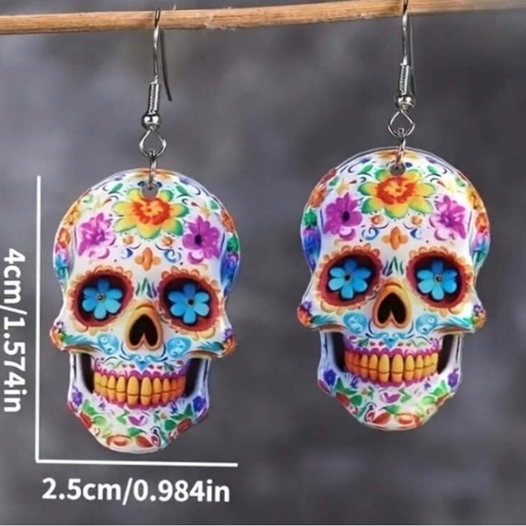 Floral Skull Drop Earrings - Picture 3 of 3